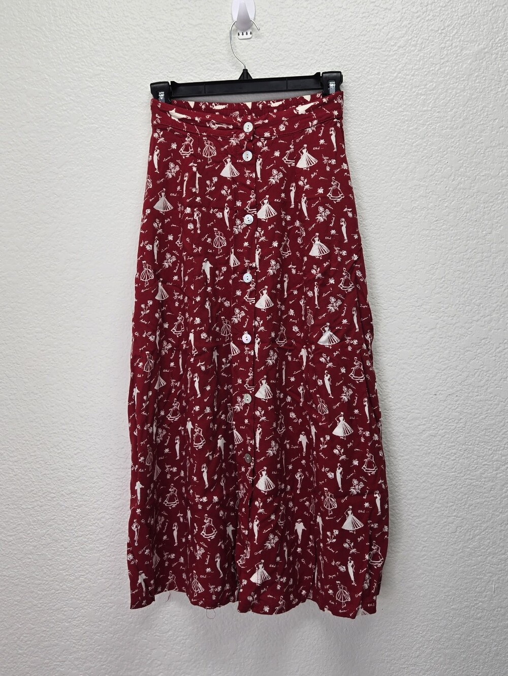 VTG Red Button Down Novelty Print Midi Skirt A-Line High Waisted Retro Size PS‎
